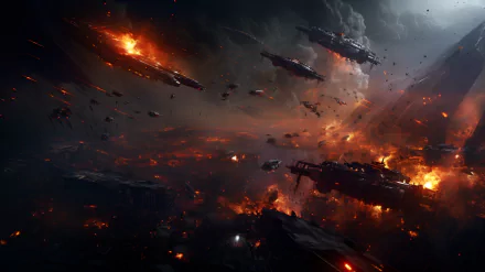 Epic space battle scene with exploding starships and fiery debris for HD desktop wallpaper.