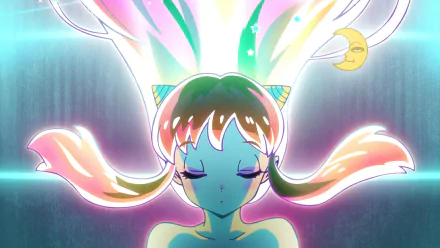 Vibrant HD PC wallpaper of Lum from Urusei Yatsura (2022), glowing with colorful spring hues and ethereal light effects, capturing the anime’s distinctive style.