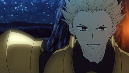 HD desktop wallpaper featuring a character from Fate/strange fake with a smirking expression and a starry night sky background.