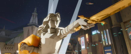HD desktop wallpaper of a Nimona-themed scene with a statue holding a sword set against a futuristic night cityscape background.