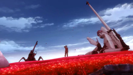 A 4K Ultra HD Anime wallpaper from Eighty Six, featuring a lone figure standing amidst vibrant red flowers with towering mechs under a dramatic blue sky.