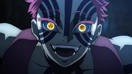 HD PC desktop wallpaper featuring Akaza from Demon Slayer: Kimetsu no Yaiba, showcasing his distinct striped face and glowing eyes in anime style.