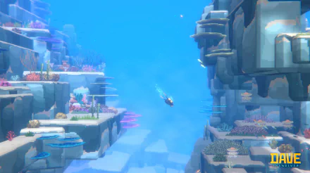 A vibrant underwater scene from the video game Dave the Diver, featuring colorful coral reefs and a diver exploring the ocean depths, designed as an HD desktop wallpaper.