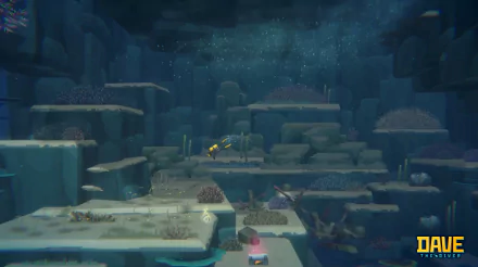 HD wallpaper depicting an underwater scene from the video game Dave the Diver, featuring deep-sea environments and vibrant marine life amongst rocky formations.