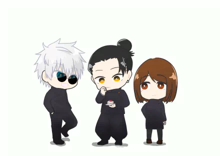 Chibi-style anime illustration of Shoko Ieiri, Suguru Geto, and Satoru Gojo from Jujutsu Kaisen, featured in a 4K Ultra HD desktop wallpaper.