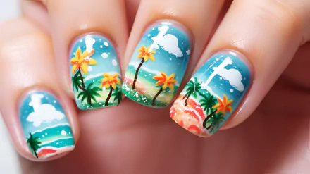 Beach-themed nail art with palm trees and sunset design for desktop wallpaper.