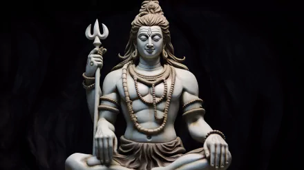 HD desktop wallpaper of a serene statue of Lord Shiva, holding a trident, adorned with rudraksha beads, against a dark background.