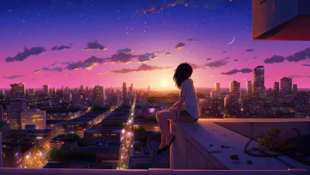 HD desktop wallpaper featuring an anime girl sitting on a rooftop, overlooking a vibrant cityscape during a serene sunset with a lofi aesthetic.
