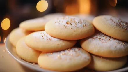 HD desktop wallpaper featuring a close-up of freshly baked sugar cookies sprinkled with sparkling sugar on a plate, with warm bokeh lights in the background.