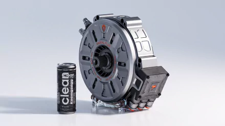 HD wallpaper of a Koenigsegg vehicle brake assembly next to a can of clear liquid, presented on a sleek, light background.