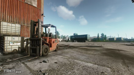 HD desktop wallpaper of a scene from the video game Escape from Tarkov, featuring an industrial area with a forklift and shipping containers.