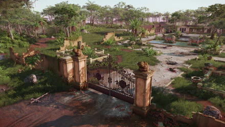 HD desktop wallpaper featuring a scene from Jagged Alliance 3, showing a dilapidated gate opening to a war-torn landscape.