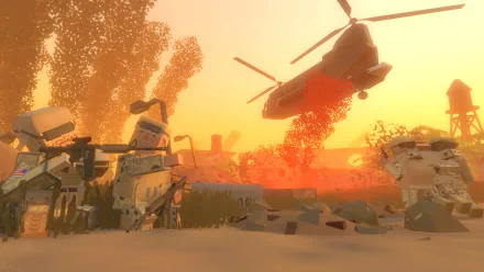 HD desktop wallpaper from BattleBit Remastered featuring a helicopter flying over a battlefield at sunset.