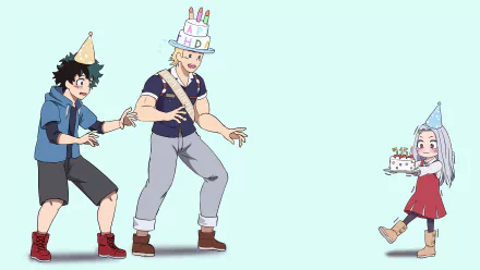 HD PC wallpaper featuring Eri, Mirio Togata, and Izuku Midoriya from the anime My Hero Academia celebrating a birthday with cake and party hats.