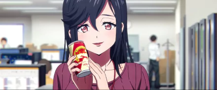 HD anime wallpaper from Zom 100: Bucket List of the Dead featuring a female character with black hair, smiling and holding a soda can in an office setting.