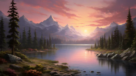HD wallpaper of a serene forest scene with a river reflecting a vivid sunset behind snow-capped mountains, enhancing any desktop background.