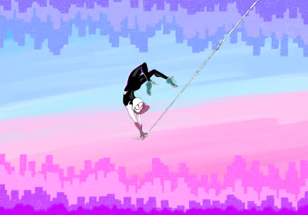 Spider-Gwen (Gwen Stacy) swinging through a vibrant cityscape from the movie Spider-Man: Across the Spider-Verse, shown in a 4K Ultra HD PC desktop wallpaper.