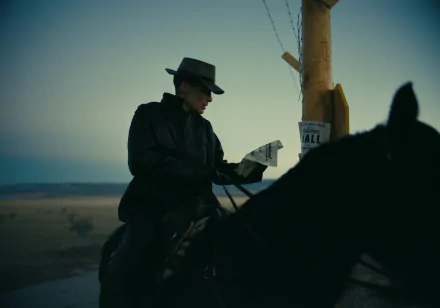 HD desktop wallpaper featuring a silhouette of a figure resembling Cillian Murphy as Oppenheimer, on horseback reading near a signpost at dusk, capturing a cinematic atmosphere.