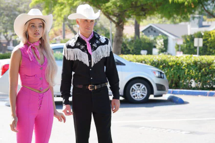 HD wallpaper featuring two individuals styled in vibrant cowboy attire evoking the Barbie aesthetic, standing confidently outdoors with a suburban backdrop.