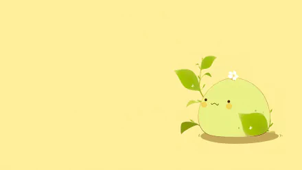 HD desktop wallpaper featuring a cute and artistic kawaii-style round green creature with leaves and a flower on a soft yellow background.