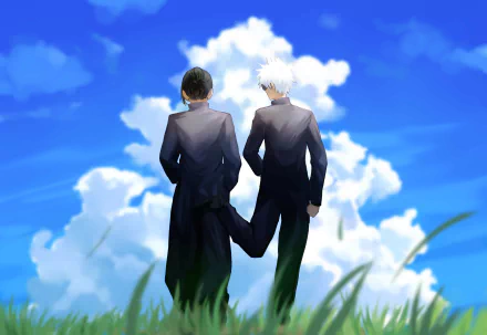 4K Ultra HD anime wallpaper featuring Satoru Gojo and Suguru Geto from Jujutsu Kaisen standing together under a bright blue sky with fluffy clouds.