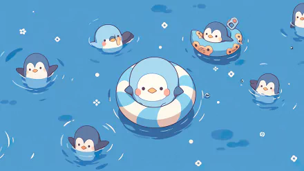 Artistic HD desktop wallpaper featuring cute, kawaii penguins floating on water, with one in a striped inflatable ring, in a tranquil blue setting.