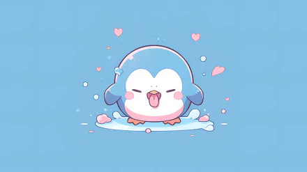 HD desktop wallpaper featuring a cute, kawaii-style animated penguin splashing in water with hearts, on a tranquil blue background.