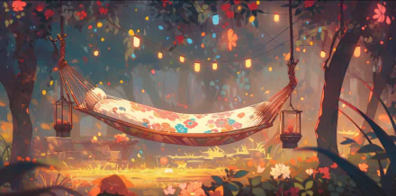 Enchanting HD desktop wallpaper featuring an AI art-inspired hammock surrounded by a serene, colorful forest setting with hanging lanterns.
