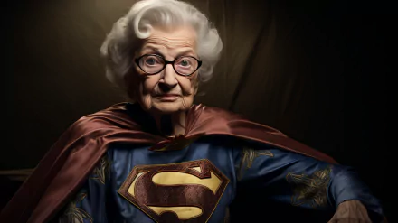 AI-generated art of a grandmother dressed as Superman, designed for use as an HD desktop wallpaper and background.