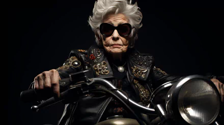A striking HD wallpaper featuring a bold grandmother with white hair and sunglasses, confidently posed on a motorcycle, exuding strength and style against a dark background.