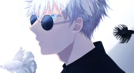 HD anime desktop wallpaper featuring Satoru Gojo from Jujutsu Kaisen, showcasing his silver hair, round sunglasses, and cool, composed expression.