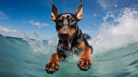 HD wallpaper of a Doberman Pinscher swimming through blue ocean waves, seen in a dynamic, close-up shot.