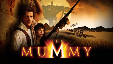 HD PC desktop wallpaper featuring key characters and desert scenes from the 1999 movie The Mummy, showcasing its adventurous and supernatural themes.