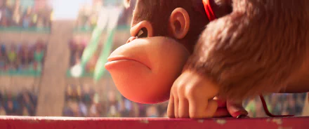HD desktop wallpaper from the 2023 Super Mario Bros. movie, featuring a close-up of Donkey Kong looking pensive.