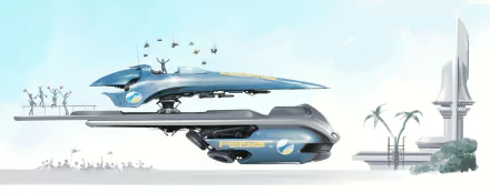 HD desktop wallpaper featuring anti-gravity racing ships from the video game Wipeout Omega Collection, set against a minimalist backdrop with palm trees.