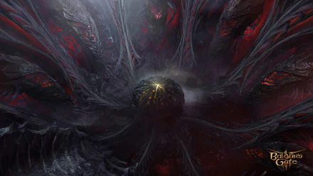HD desktop wallpaper from Baldur's Gate 3 featuring a dark, mystical orb surrounded by ominous, red-tinged swirling shadows.