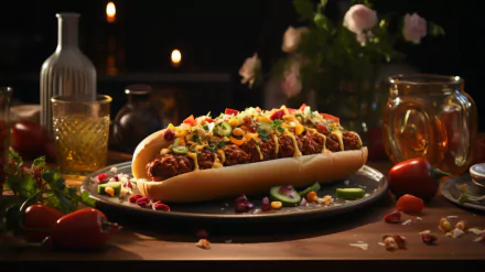 HD desktop wallpaper featuring a delicious chili dog topped with fresh garnishes on a stylish dark plate, set against a warm, dimly-lit background with ambient dining decor.