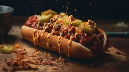 HD desktop wallpaper featuring a delicious chili dog topped with cheese and jalapeños on a rustic wooden table.