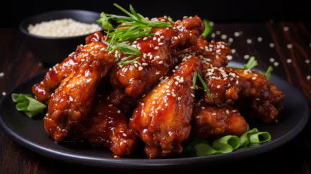 A close-up of delicious chicken wings coated in a vibrant sauce, garnished with sesame seeds and fresh herbs, set on a black plate. Perfect HD desktop wallpaper for food lovers.