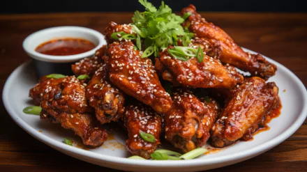 A tempting platter of chicken wings, glazed and sprinkled with sesame seeds, garnished with green onions and cilantro, served with dipping sauce. A vibrant food wallpaper for screen backgrounds.