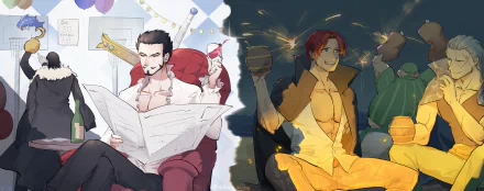 2K Quad HD PC desktop wallpaper/background of One Piece anime: Dracule Mihawk reading a paper on the left, Shanks grinning with a drink and fireworks on the right.