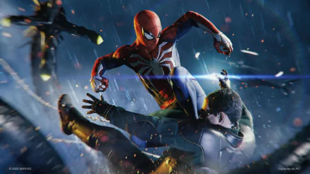 HD desktop wallpaper from Marvel's Spider-Man Remastered featuring Spider-Man in dynamic mid-air combat, grappling with an enemy against a snowy backdrop.