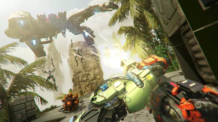 HD desktop wallpaper from the video game Stormland, featuring a robotic arm wielding a weapon with a futuristic battlefield background.