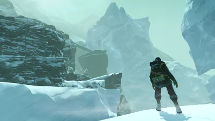 HD wallpaper featuring a scene from the video game Edge of Nowhere, showing a character navigating a snowy, mountainous terrain.