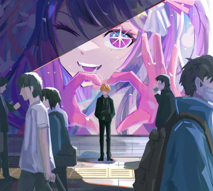 HD anime wallpaper featuring Aquamarine Hoshino from Oshi no Ko, showing her with a glowing eye behind a lone figure surrounded by anonymous passersby.