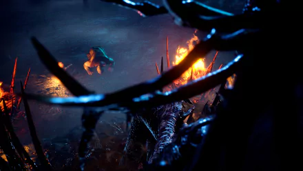 HD desktop wallpaper from the video game Gord, featuring a dark, eerie swamp scene with a character viewed through menacing claws, illuminated by soft firelight.