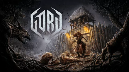 HD desktop wallpaper for the video game Gord, featuring a dark, atmospheric scene with a warrior outside a fortified village during a stormy night.