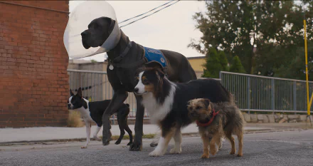 HD desktop wallpaper from the movie Strays featuring a group of dogs walking together on a street.