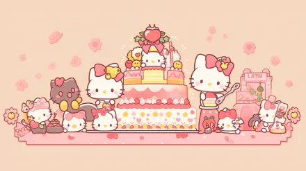 HD desktop wallpaper featuring Hello Kitty and friends from Sanrio celebrating with a large cake on a soft pink floral background.