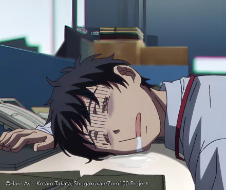 HD desktop wallpaper of Akira Tendo from Zom 100: Bucket List of the Dead, depicting him exhausted at a desk.